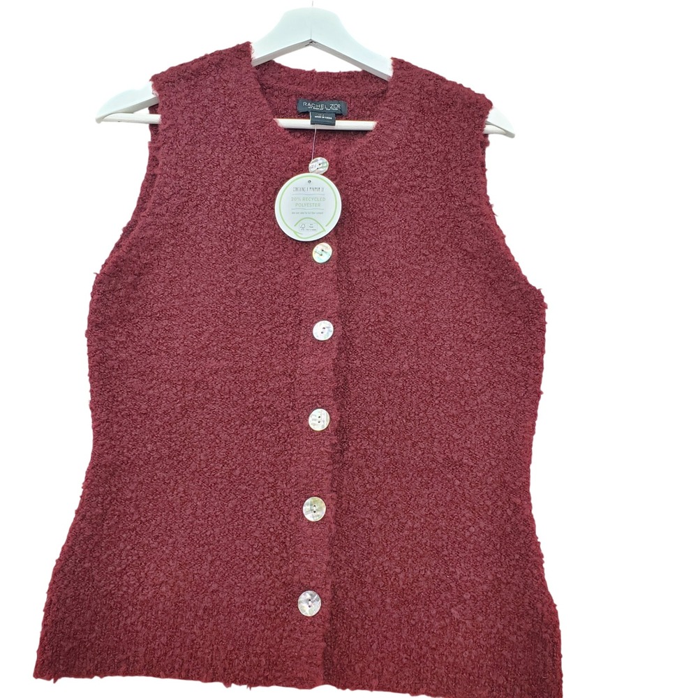 Rachel Zoe Boucle Sweater Vest Womens S Burgundy Stretch Button Front Sleeveless
